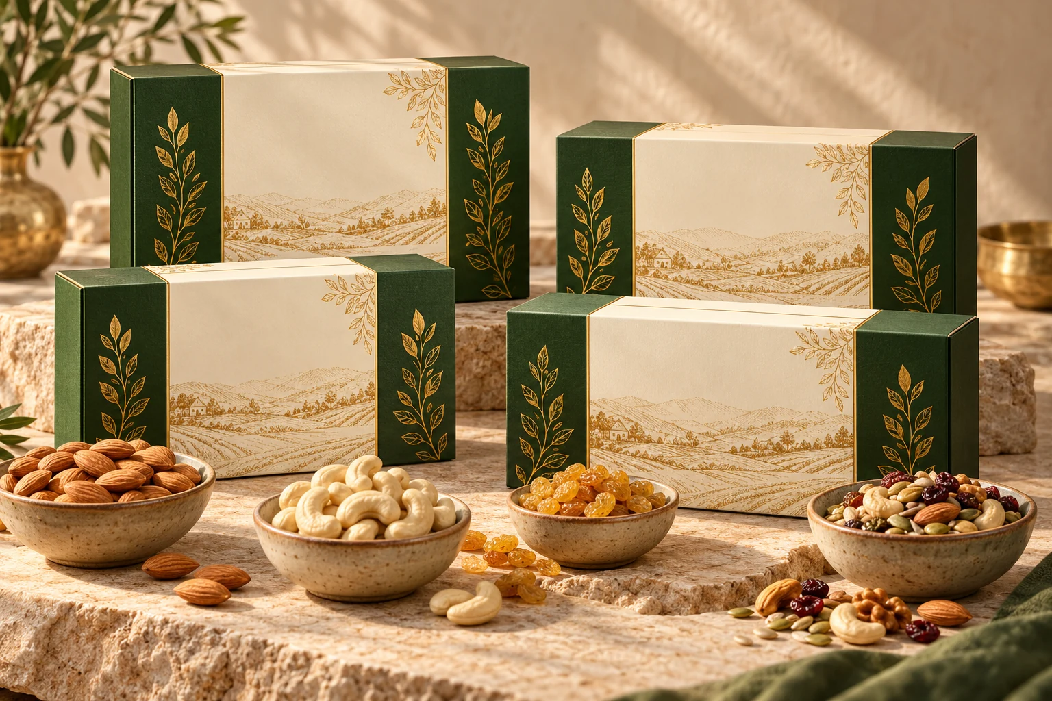 Panash Harvest inspired cream and green gift cartons with botanical details beside dry fruits